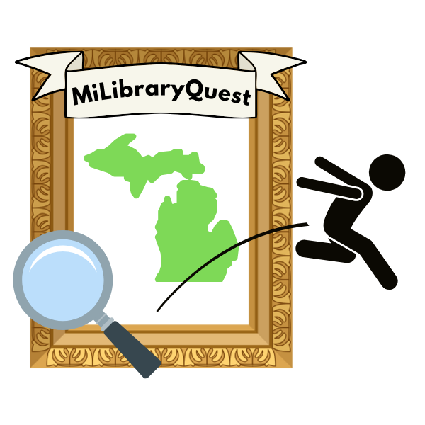 Text stating "MiLibraryQuest," a magnifying glass, and a stick person jumping out of a gilded frame containing an outline of Michigan