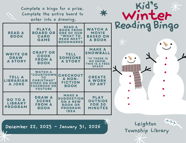 Kids Winter reading bingo sheet