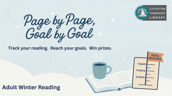 winter reading snow scene and page by page, goal by goal, track your reading, reach your goals, win prizes 